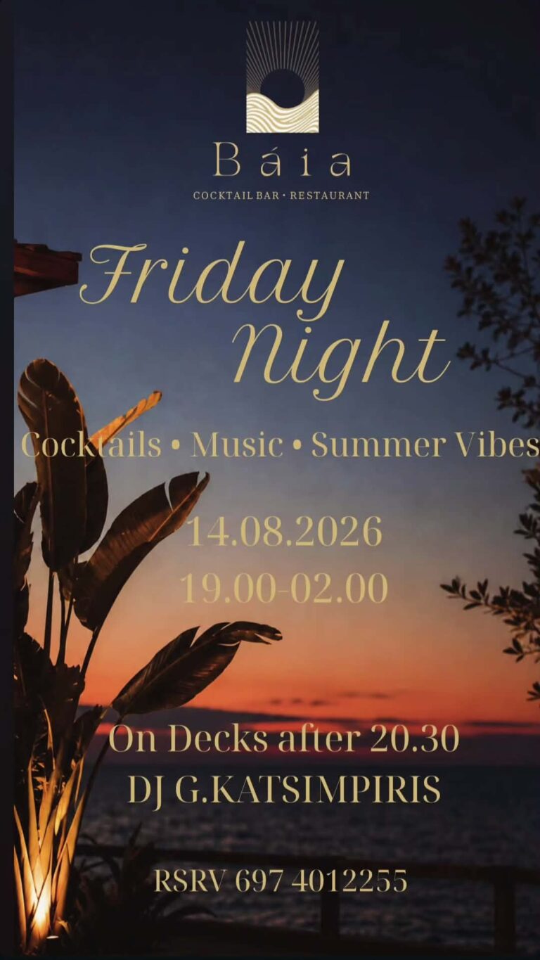 Αφίσα εκδήλωσης στο Baia με Friday Night με τον Dj G. Katsibiri στις 14 Αυγούστου 2026 και ώρα 19:00.