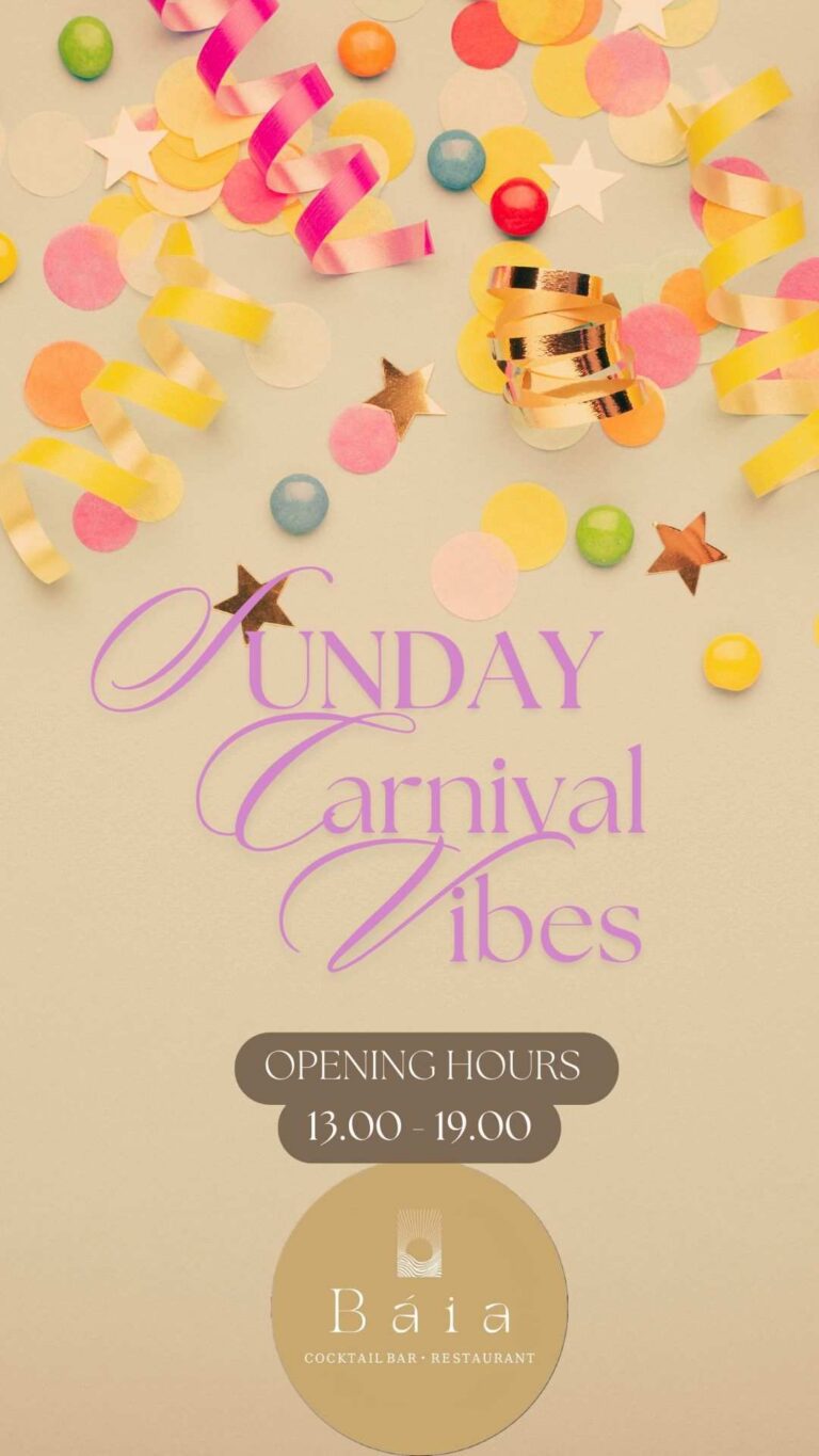 Αφίσα εκδήλωσης στο Baia με Κυριακάτικο Καρναβαλικό πάρτι από τις 13:00 έως τις 19:00.