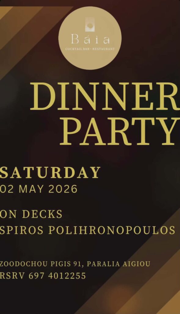 Αφίσα εκδήλωσης στο Baia με τον Dj Spiro Polihronopoulo στις 2 Μαΐου 2026 με dinner Party.