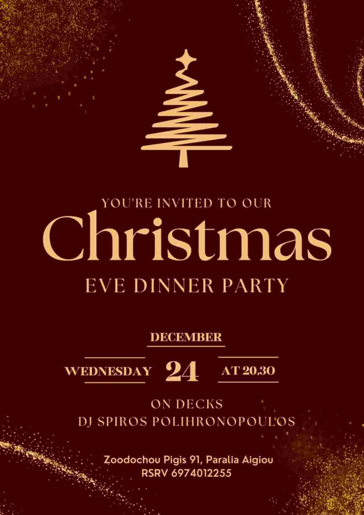 Αφίσα εκδήλωσης από το Baia στις 24 Δεκεμβρίου 2025 και ώρα 20:30 με Χριστουγεννιάτικο πάρτι και dj τον Spiro Polihronopoulo.