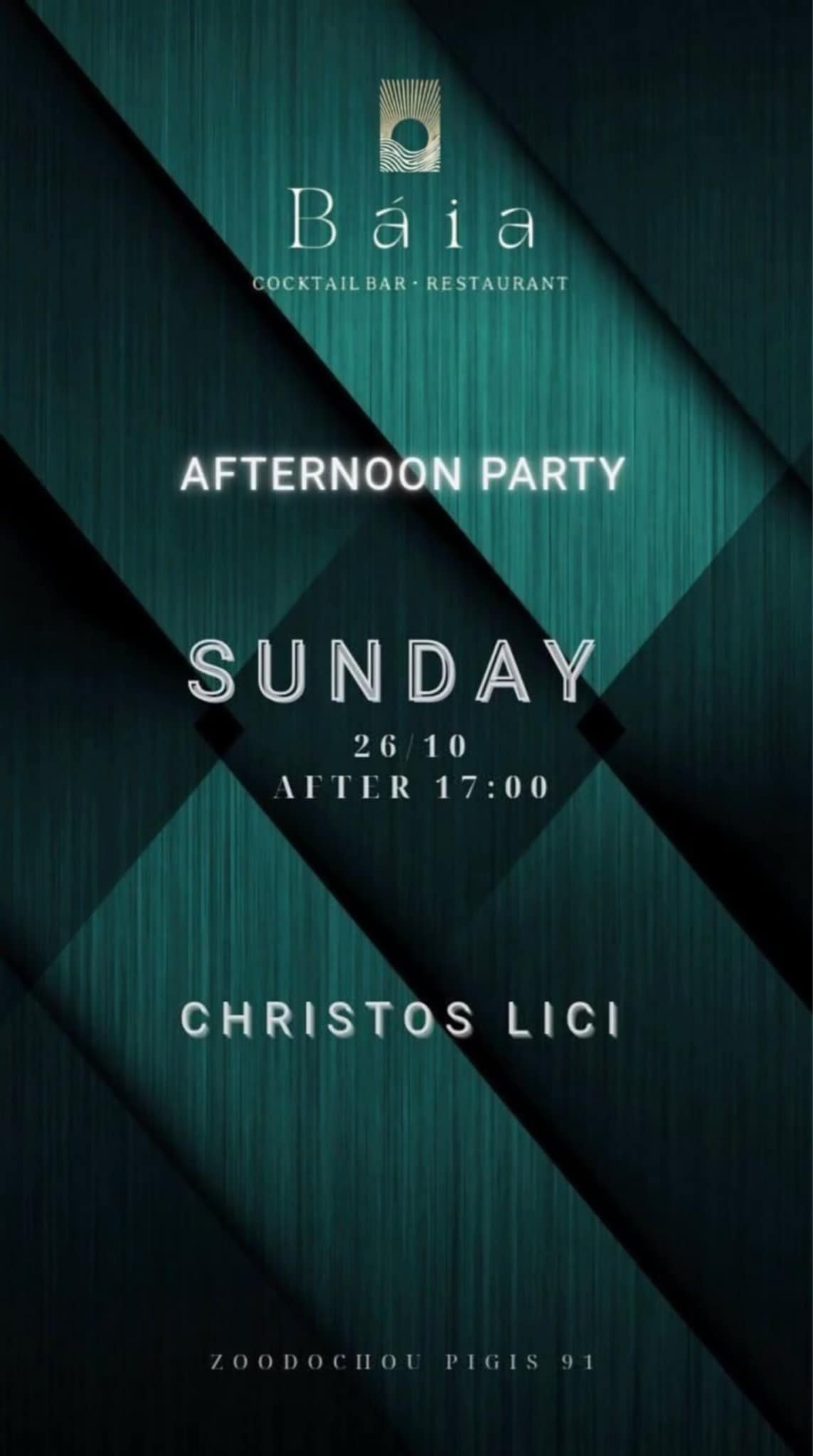 Αφίσα Κυριακάτικου party στο Baia μετά τις 17:00 με τον Dj Christo Lici.