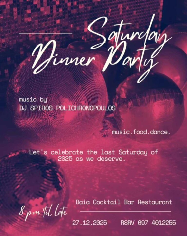 Αφίσα εκδήλωσης από το Baia στις 27 Δεκεμβρίου 2025 και ώρα 20:00 με τον dj Spiro Polichronopoulo.