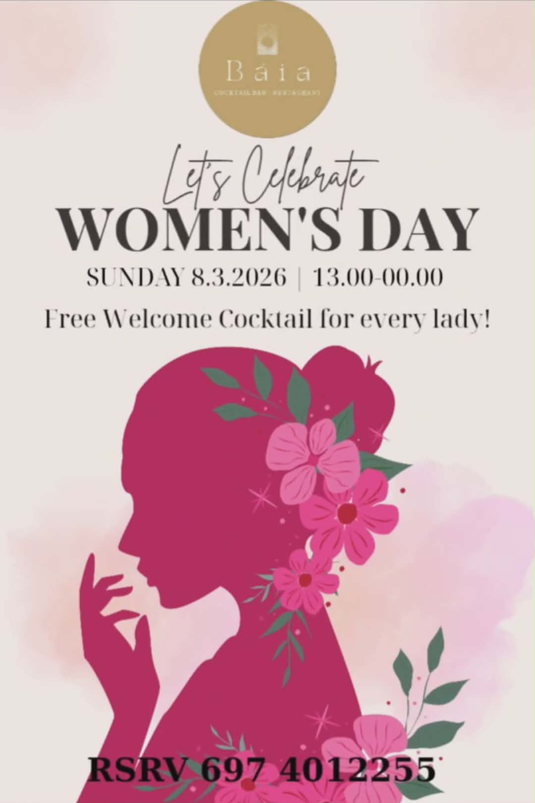 Αφίσα εκδήλωσης από το Baia στις 8 Μαρτίου 2026 και ώρα 13:00 με δωρεάν ποτό καλωσορίσματος στις γυναίκες.