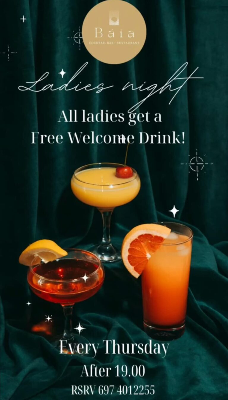 Αφίσα εκδήλωσης με ladies night στο Baia με κερασμένο το πρώτο ποτό κάθε Πέμπτη.