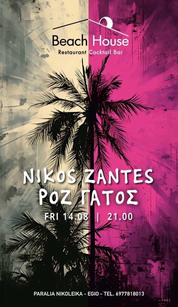 Αφίσα εκδήλωσης με τον Ροζ Γάτο και τον Niko Zante στο Beach House στις 14 Αυγούστου 2026 και ώρα 22:00.
