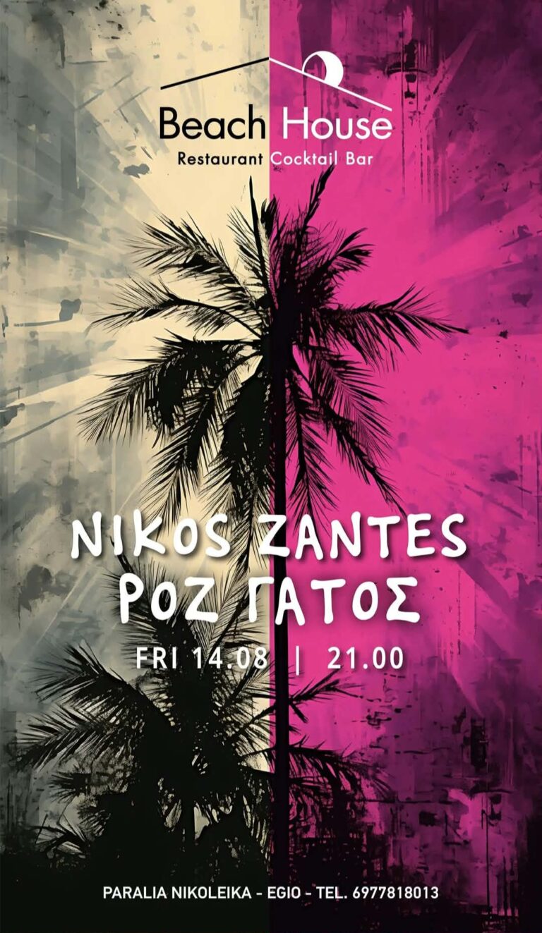 Αφίσα εκδήλωσης με τον Ροζ Γάτο και τον Niko Zante στο Beach House στις 14 Αυγούστου 2026 και ώρα 22:00.