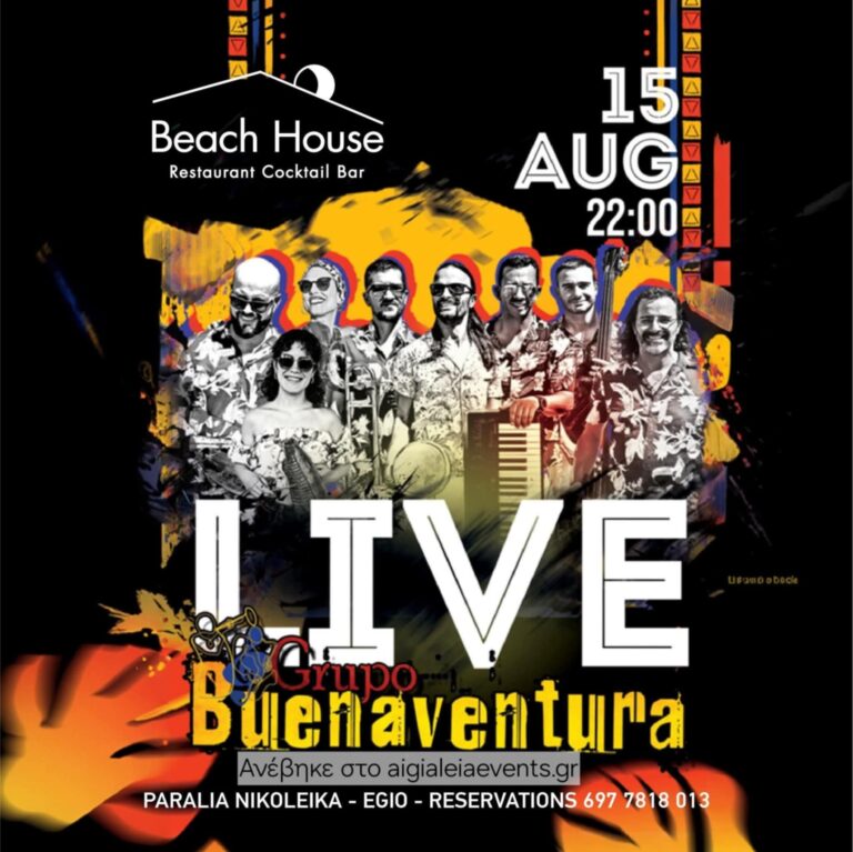 Αφίσα εκδήλωσης στο Beach House με τη μπάντα Grupo Buenaventura στις 15 Αυγούστου 2025 και ώρα 22:00.