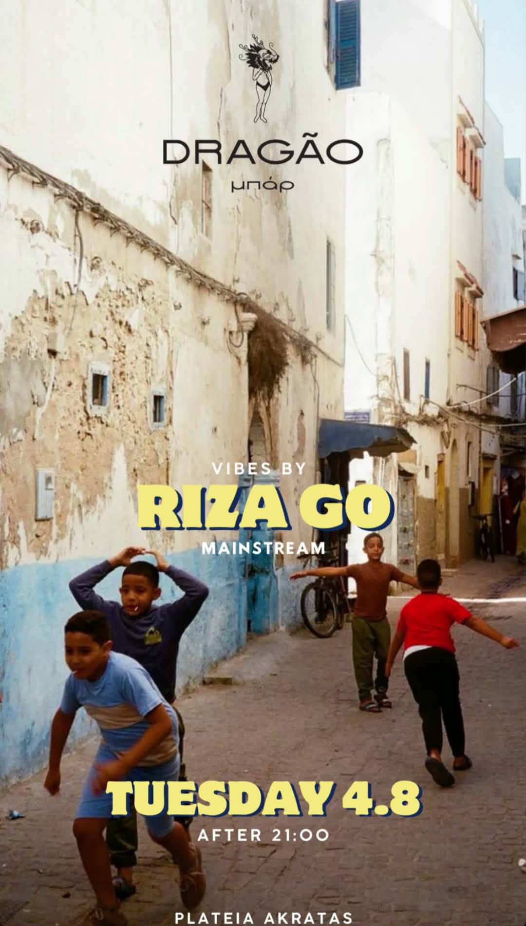 Αφίσα εκδήλωσης στο Dragao Bar με τον Dj Rizago στις 19 Αυγούστου 2026 και ώρα 21:00.
