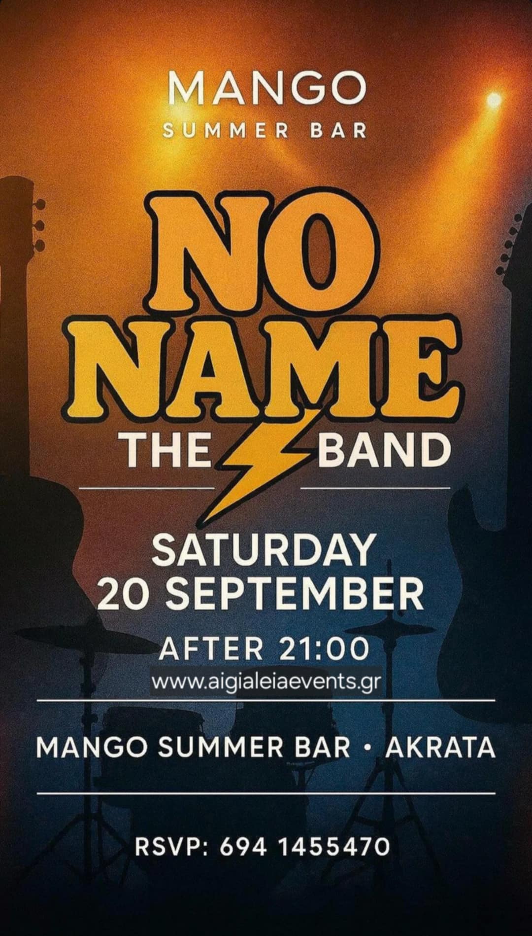 Αφίσα εκδήλωσης στο Mango με τους No Name The Band στις 20 Σεπτεμβρίου 2025 και ώρα 21:00.