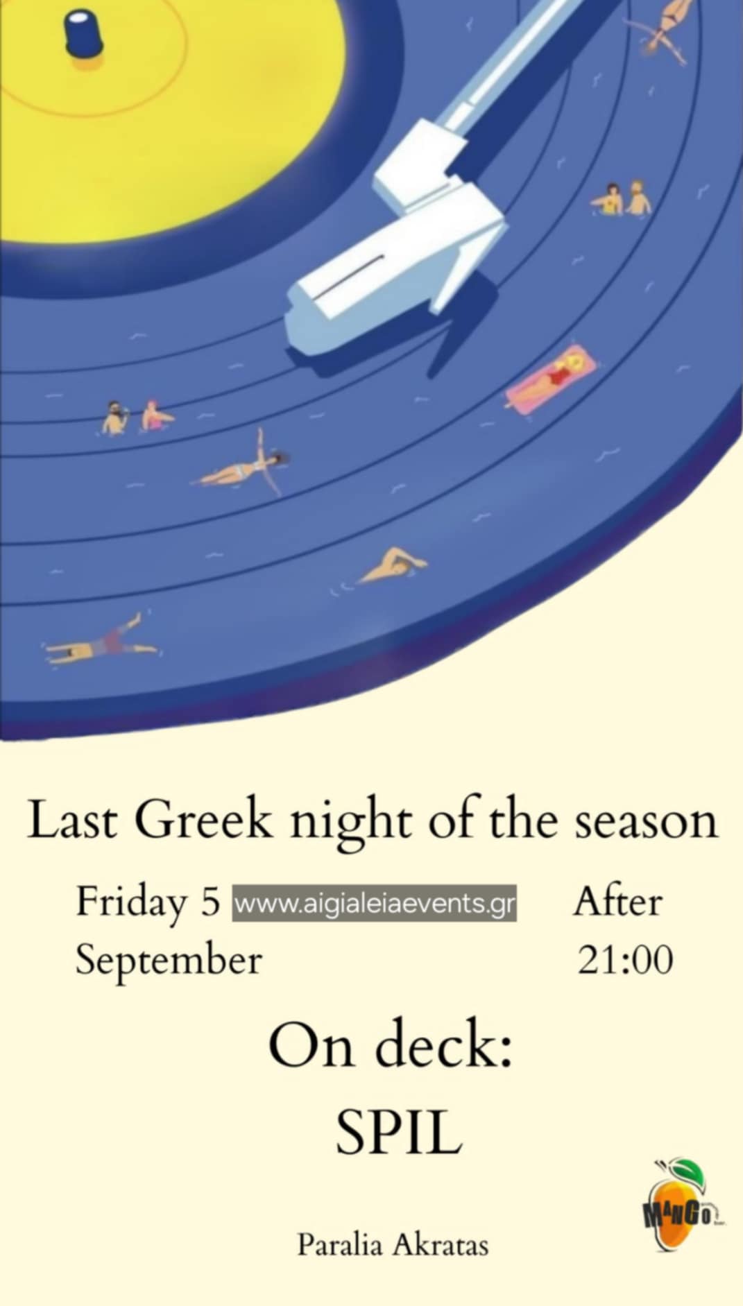 Αφίσα εκδήλωσης στο Mango στις 5 Σεπτεμβρίου 2025 με τον Dj Spil.