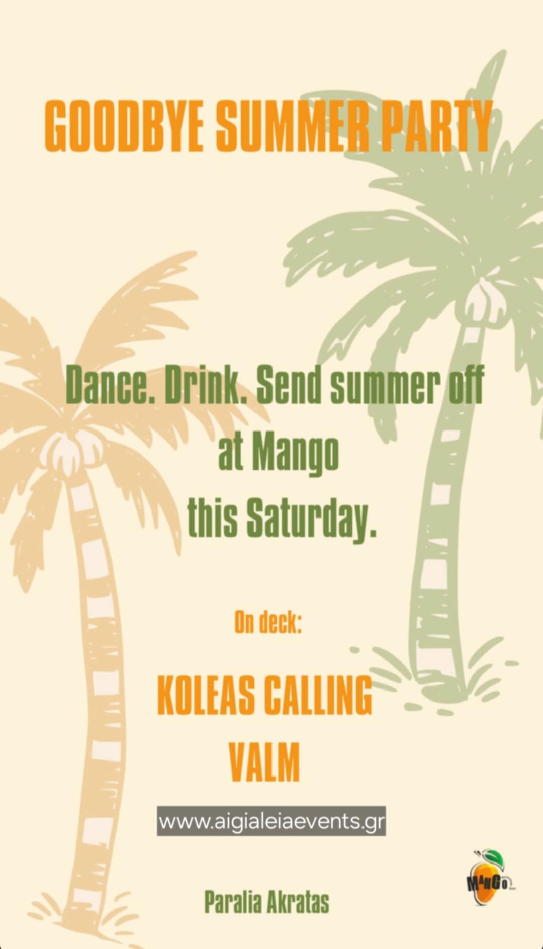 Αφίσα εκδήλωσης στο Mango στις 6 Σεπτεμβρίου 2025 με τον Dj Koleas Calling και τον Dj Valm.