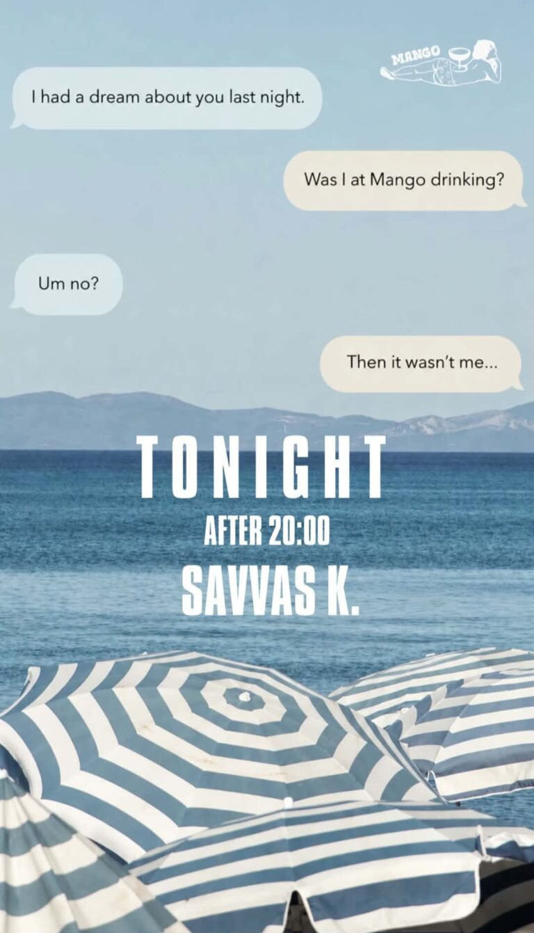 Αφίσα εκδήλωσης στο Mango με τον Dj Savva K. την Κυριακή στις 20:00.