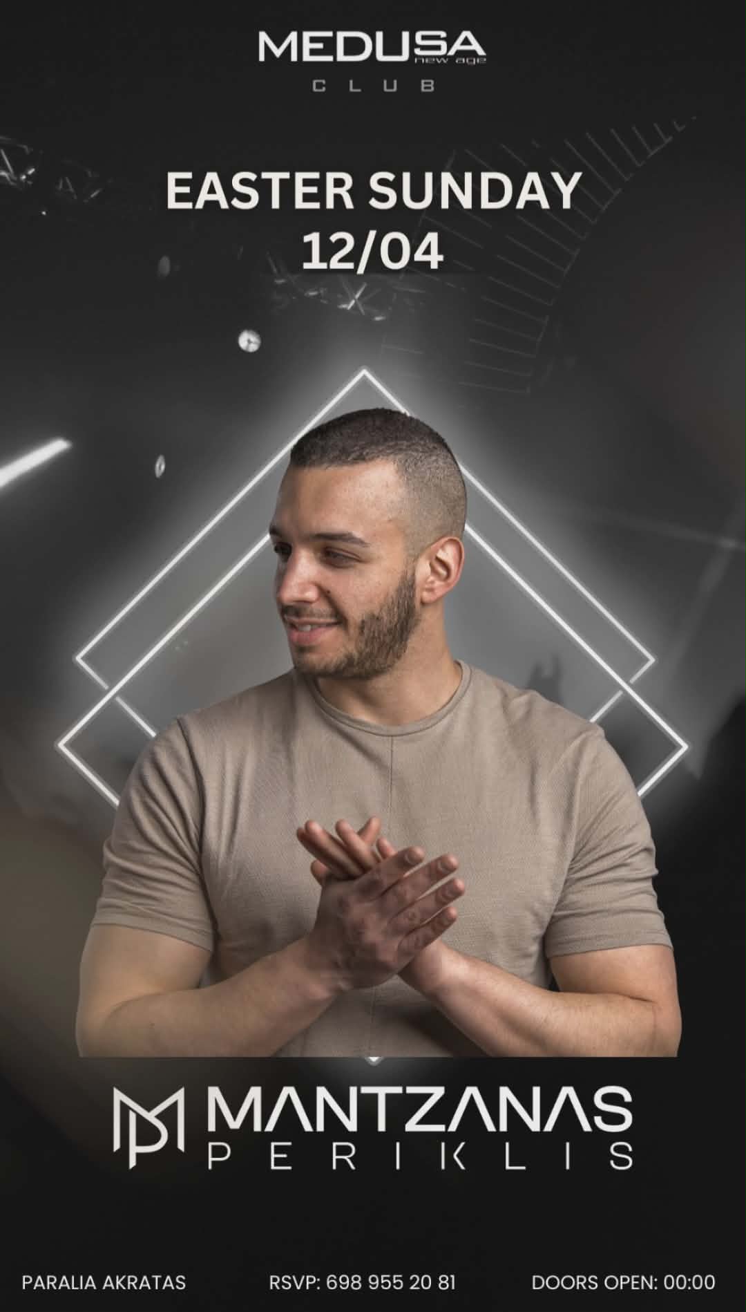Αφίσα εκδήλωσης στο Medusa με τον Dj Mantzana Perikikli στις 12 Απριλίου 2026.