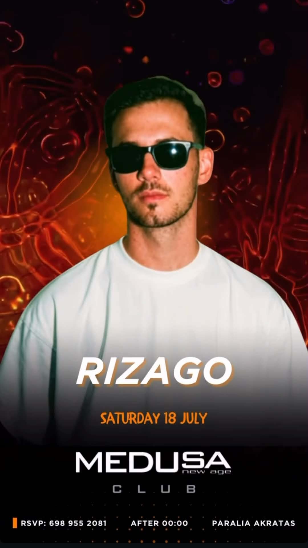 Αφίσα εκδήλωσης στο Medusa με τον Dj Rizago στις 18 Ιουλίου 2026.