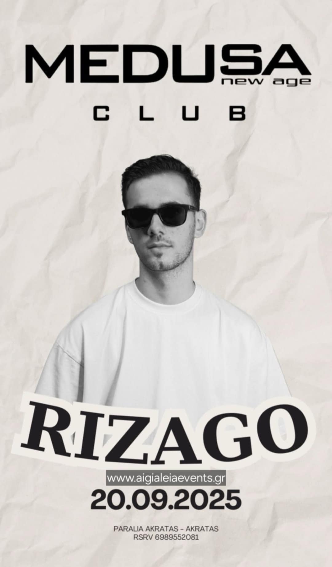 Αφίσα εκδήλωσης στο Medusa με τον Dj Rizago στις 20 Σεπτεμβρίου 2025.