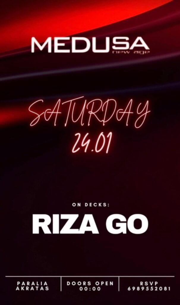 Αφίσα εκδήλωσης στο Medusa με τον Dj Rizago στις 24 Ιανουαρίου 2026.