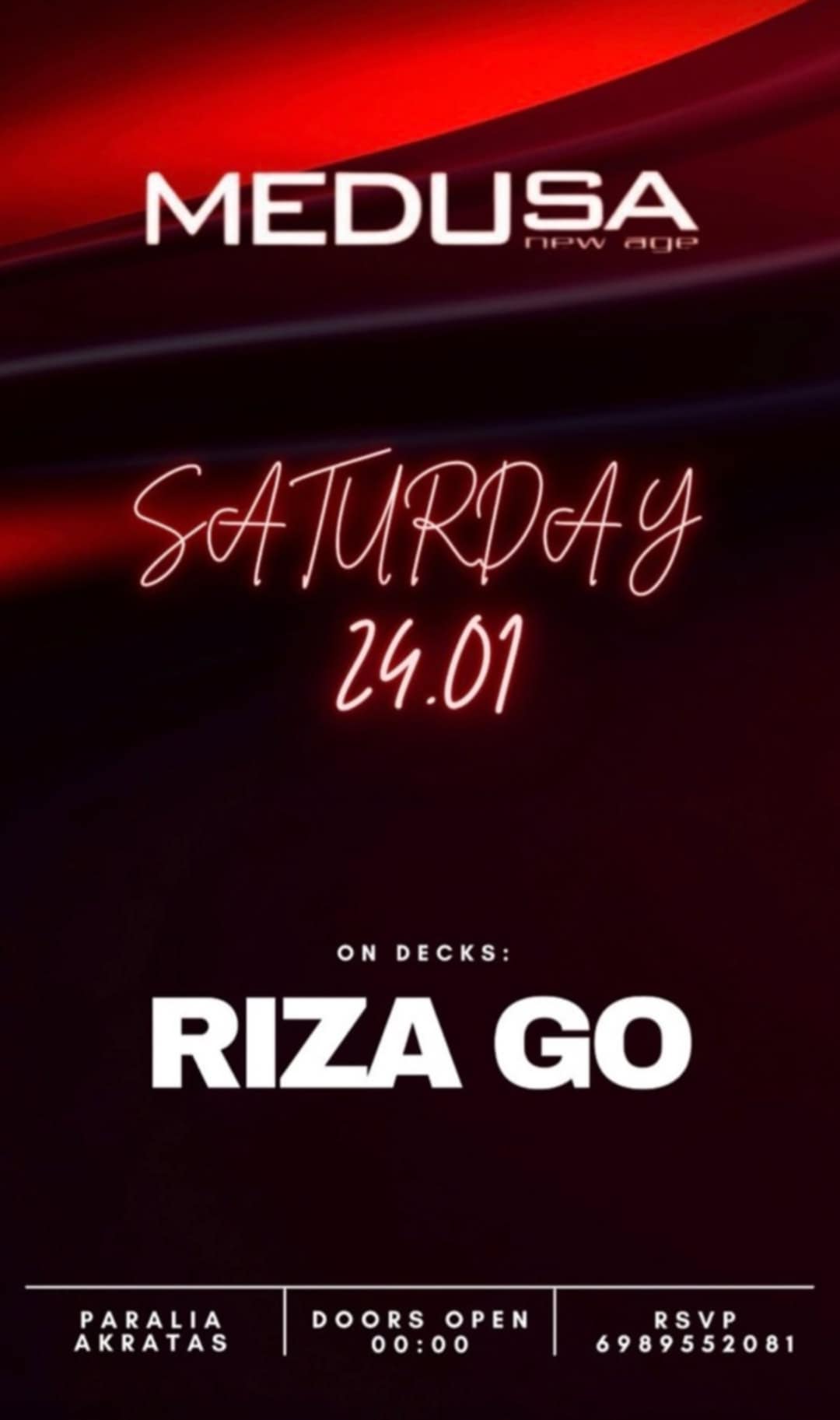 Αφίσα εκδήλωσης στο Medusa με τον Dj Rizago στις 24 Ιανουαρίου 2026.