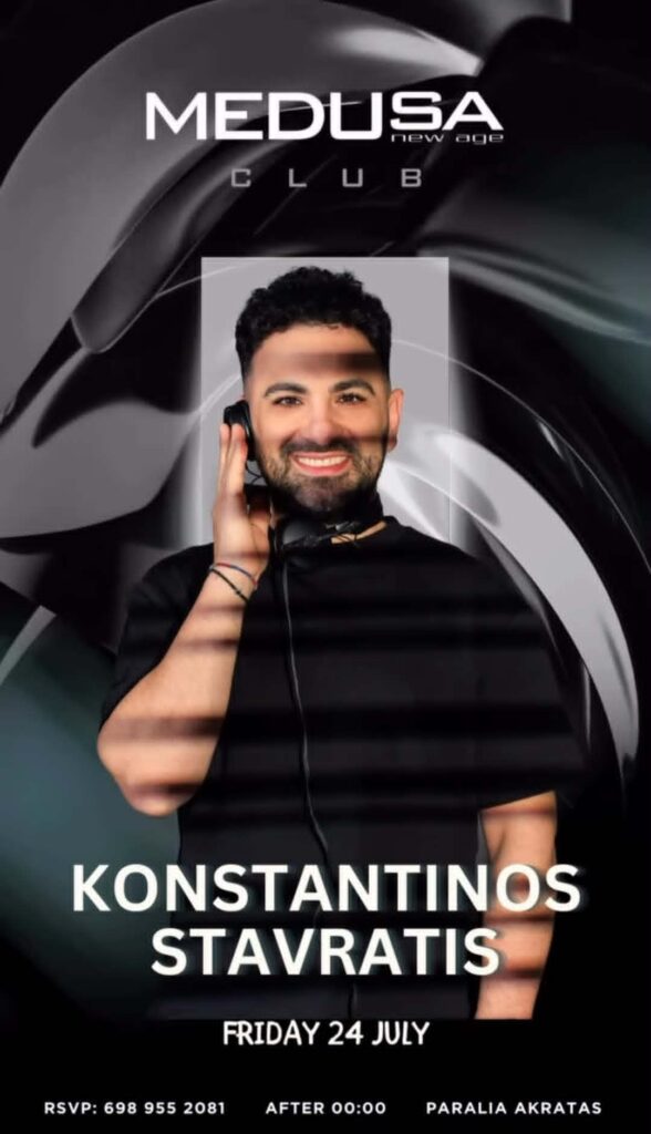 Αφίσα εκδήλωσης στο Medusa με τον Dj Konstantino Stavrati στις 24 Ιουλίου 2026.