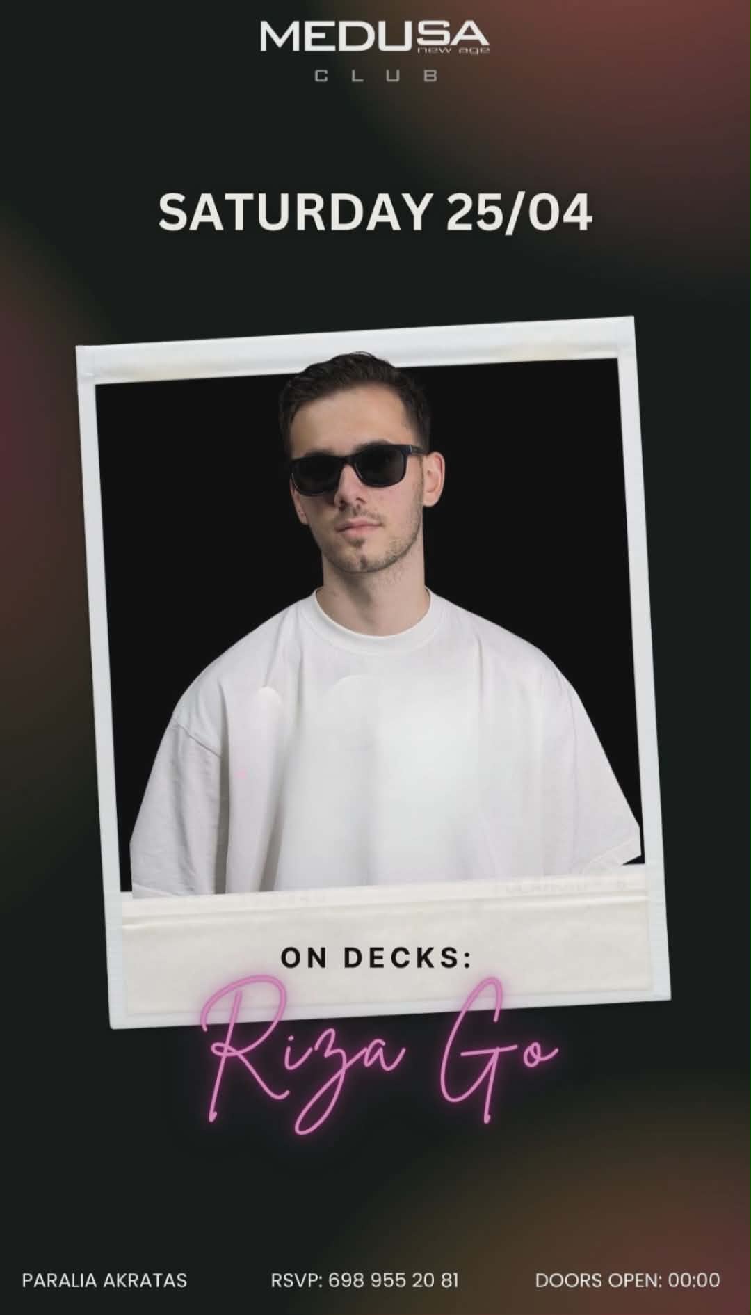 Αφίσα εκδήλωσης στο Medusa με τον Dj Rizago στις 25 Απριλίου 2026.