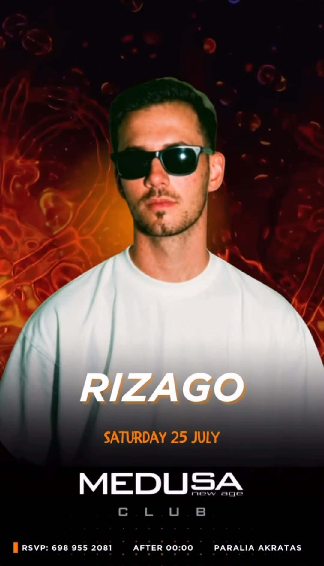 Αφίσα εκδήλωσης στο Medusa με τον Dj Rizago στις 25 Ιουλίου 2026.