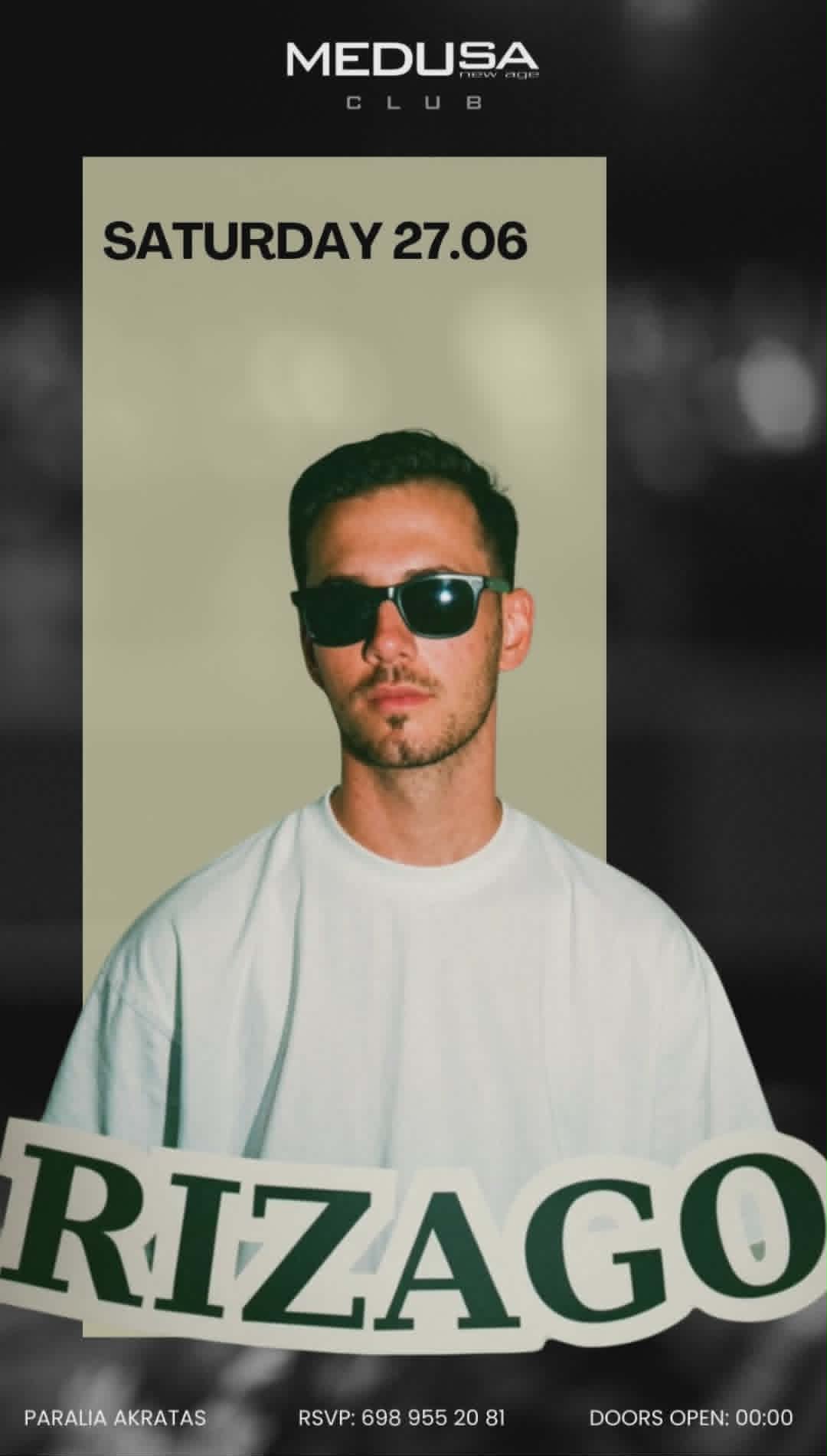 Αφίσα εκδήλωσης στο Medusa με τον Dj Rizago στις 27 Ιουνίου 2026.