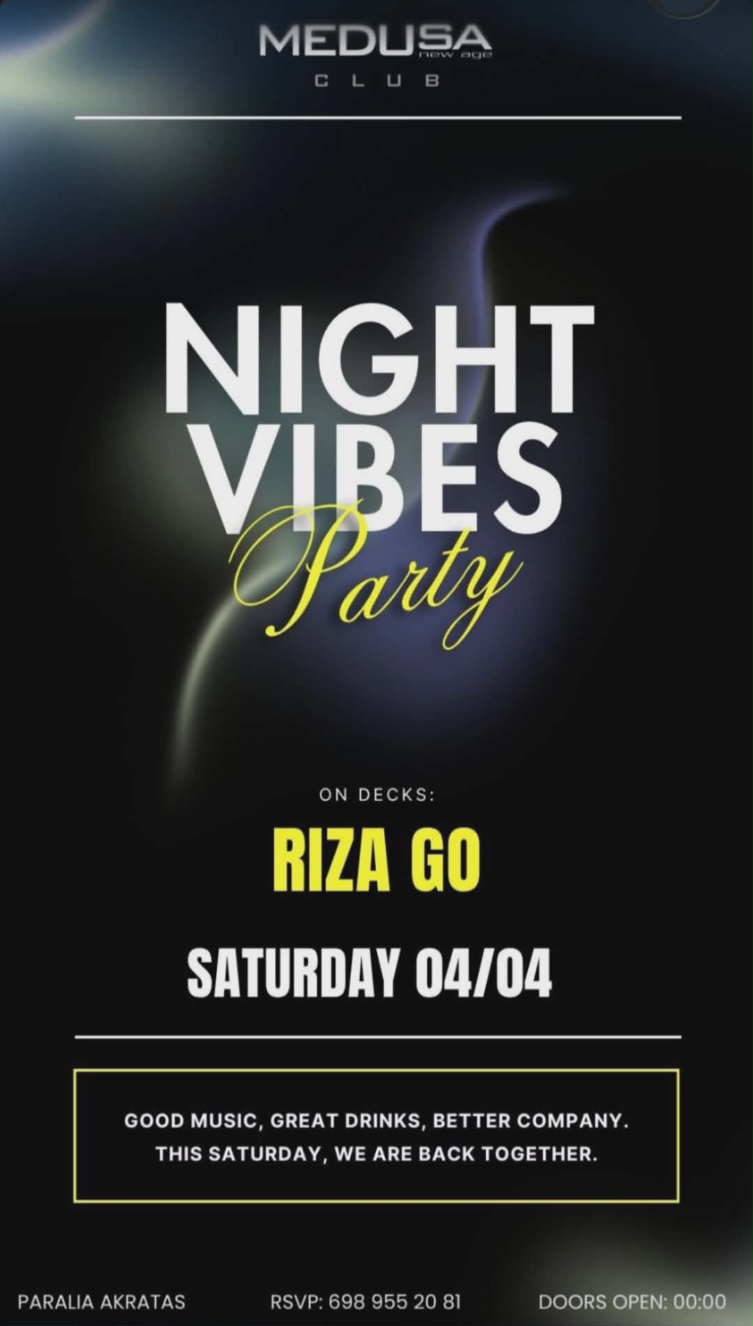 Αφίσα εκδήλωσης στο Medusa με τον Dj Rizago στις 4 Απριλίου 2026.