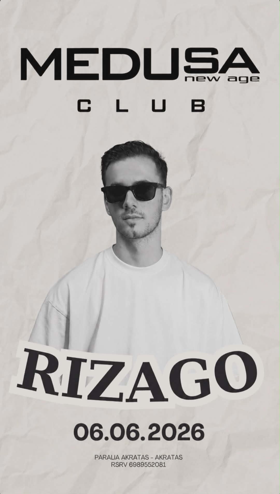 Αφίσα εκδήλωσης στο Medusa με τον Dj Rizago στις 6 Ιουνίου 2026.
