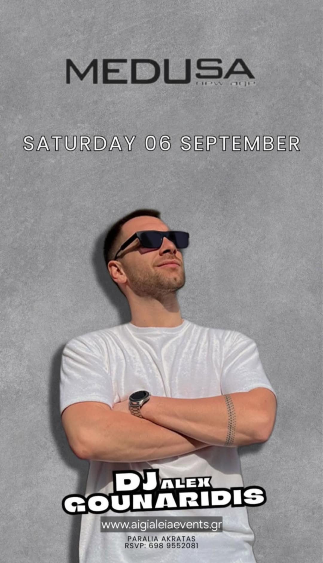Αφίσα εκδήλωσης στο Medusa με τον Dj Alex Gounaridi στις 6 Σεπτεμβρίου 2025.