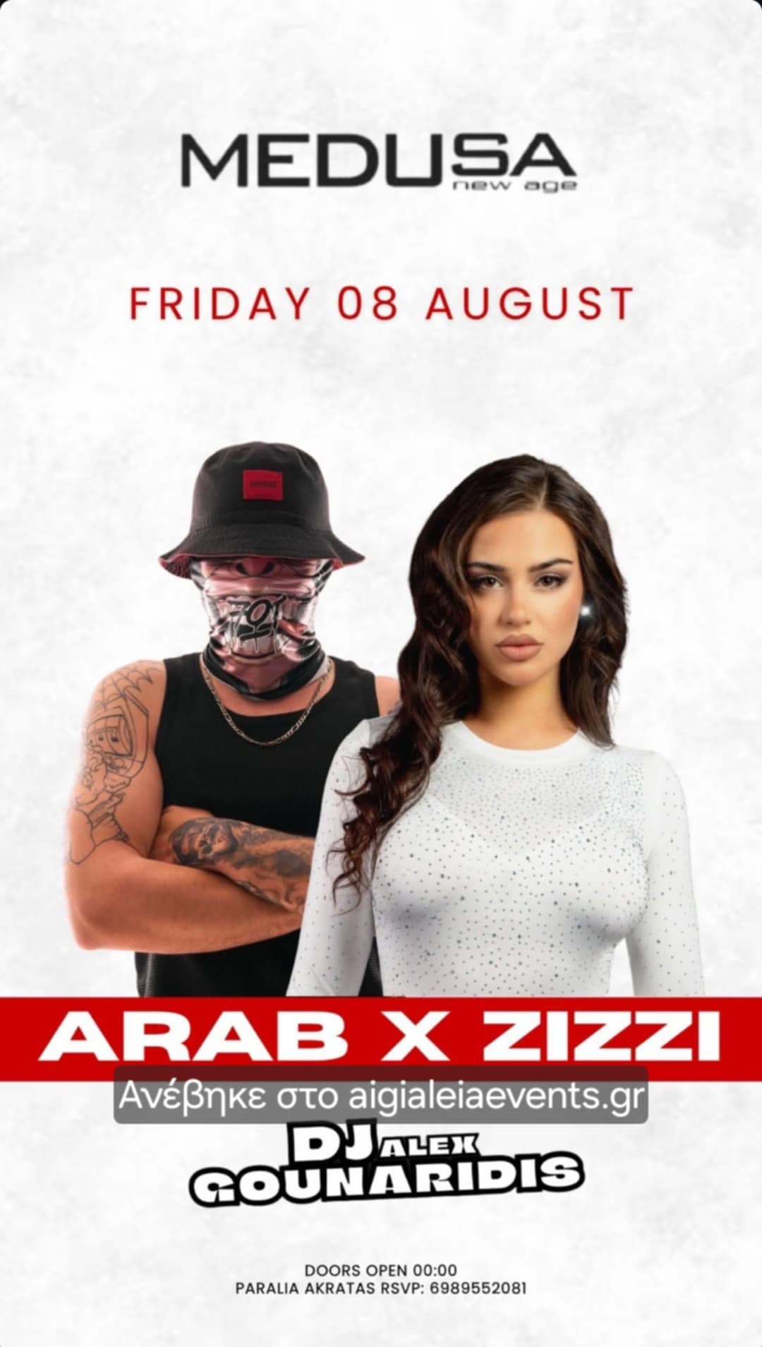Αφίσα εκδήλωσης με τους Arab X Zizzi σε live εμφάνιση στο Medusa New Age στην Ακράτα. 8 Αυγούστου 2025 και ώρα 00:00.