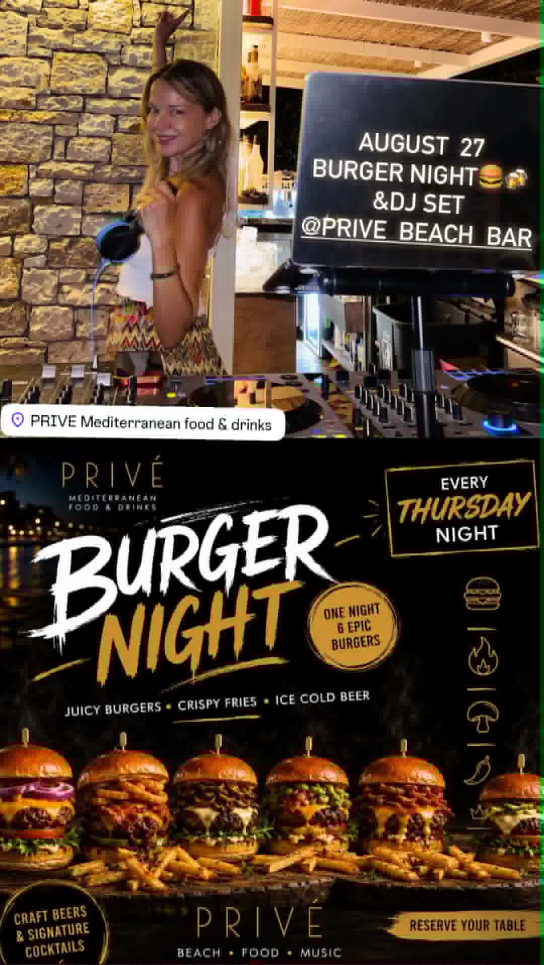 Αφίσα εκδήλωσης στις 27 Αυγούστου 2026 στο Prive Beach Bar με Dj την Christina Giannopoulou και Burger Night μετά τις 21:00.