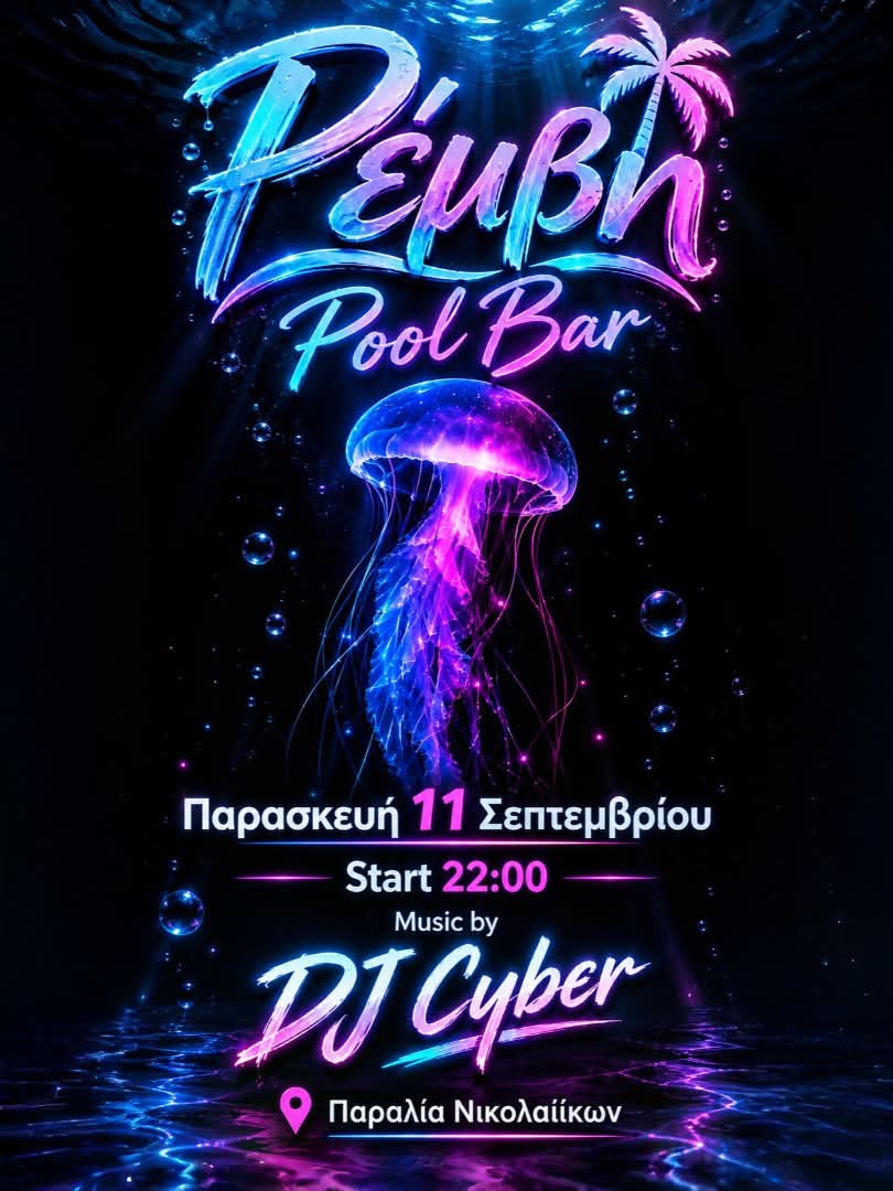 Αφίσα εκδήλωσης στη Ρέμβη με τον Dj Cyber στις 11 Σεπτεμβρίου.