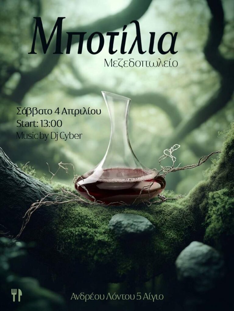 Αφίσα εκδήλωσης στο Μποτίλια στις 4 Απριλίου 2026 και ώρα 13:00 με τον Dj Cyber.