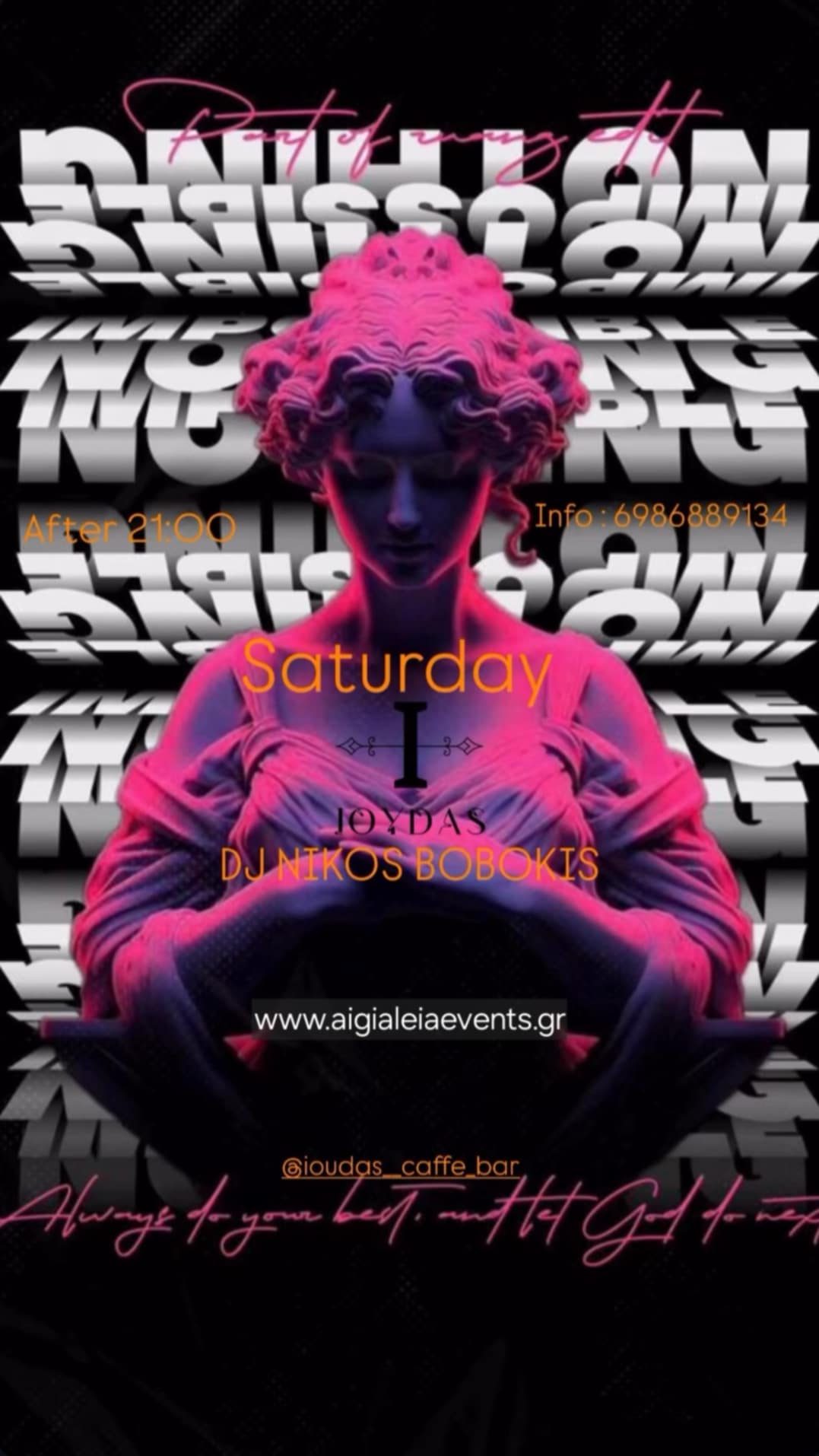 Αφίσα εκδήλωσης στο Ioudas Caffe Bar στις 20 Σεπτεμβρίου με τον Dj Niko Boboki.