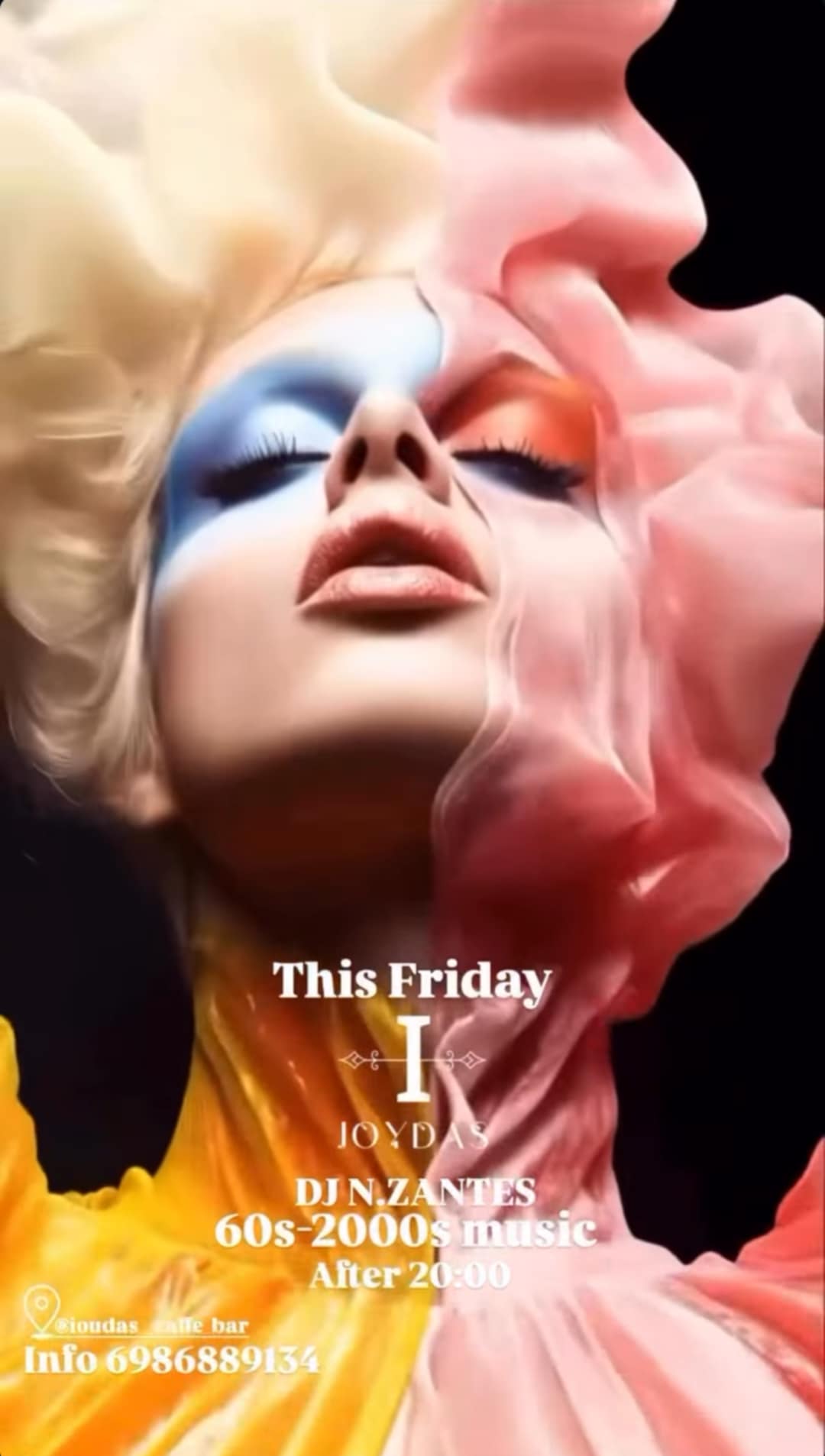 Αφίσα εκδήλωσης στο Ioudas Caffe Bar τη Παρασκευή 24 Οκτωβρίου 2025 με τον Dj N. Zantes με αφιέρωμα 60s-2000s.
