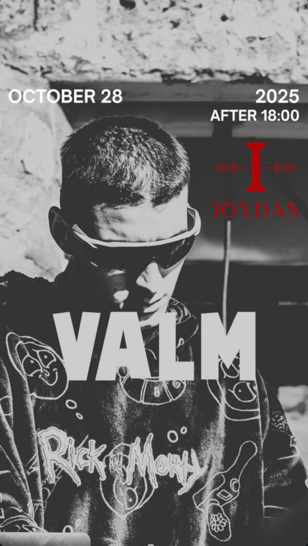 Αφίσα εκδήλωσης στο Ioudas Caffe Bar τη Τρίτη 28 Οκτωβρίου 2025 με τον Dj Valm στις 18:00.