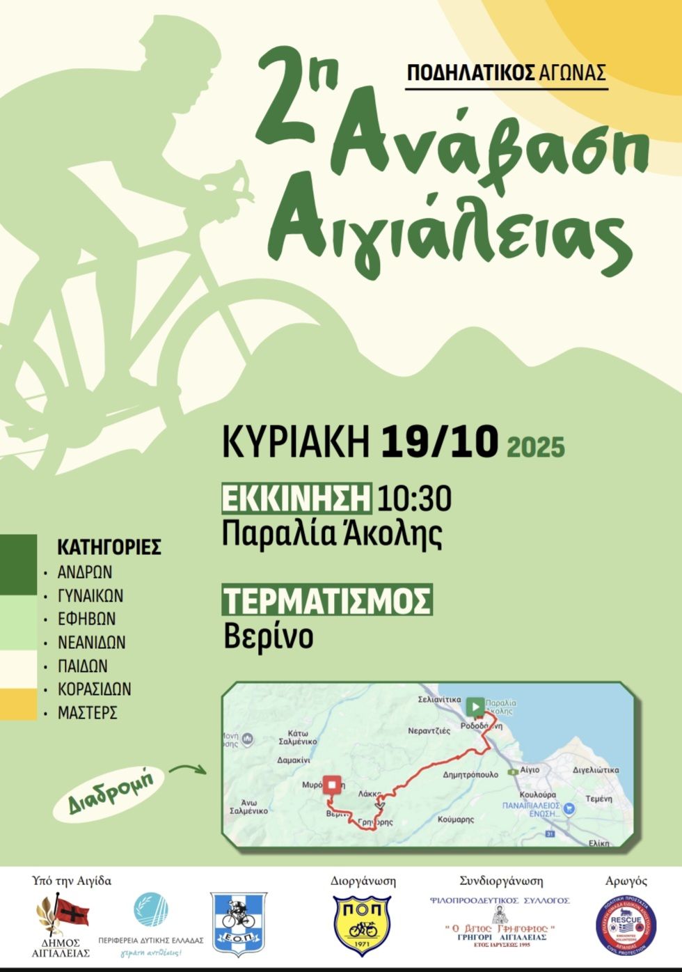 Αφίσα εκδήλωσης 2ης Ανάβασης Αιγιάλειας με ποδήλατα στις 19 Οκτωβρίου 2025 και ώρα 10:30 από την παραλία Άκολης.