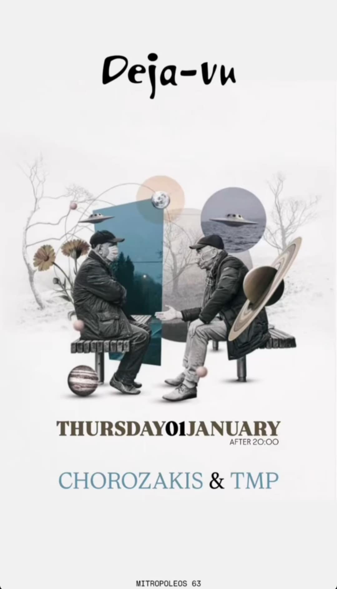 Αφίσα εκδήλωσης στο Deja-Vu τη 1 Ιανουαρίου 2026 με Dj Chorozaki & Dj TMP.