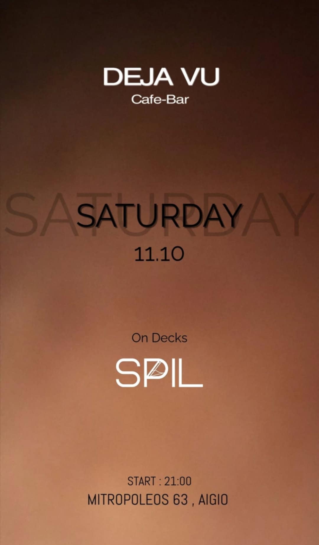 Αφίσα εκδήλωσης στο Deja-Vu στις 11 Οκτωβρίου 2025 με Dj Spil.