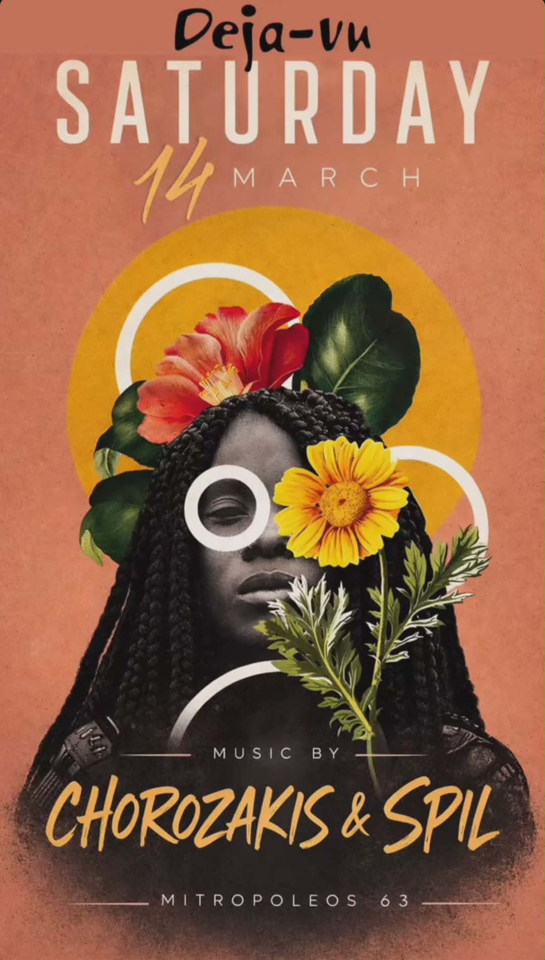 Αφίσα εκδήλωσης από το Deja Vu με τους Djs Chorozaki & Spil στις 14 Μαρτίου 2026.