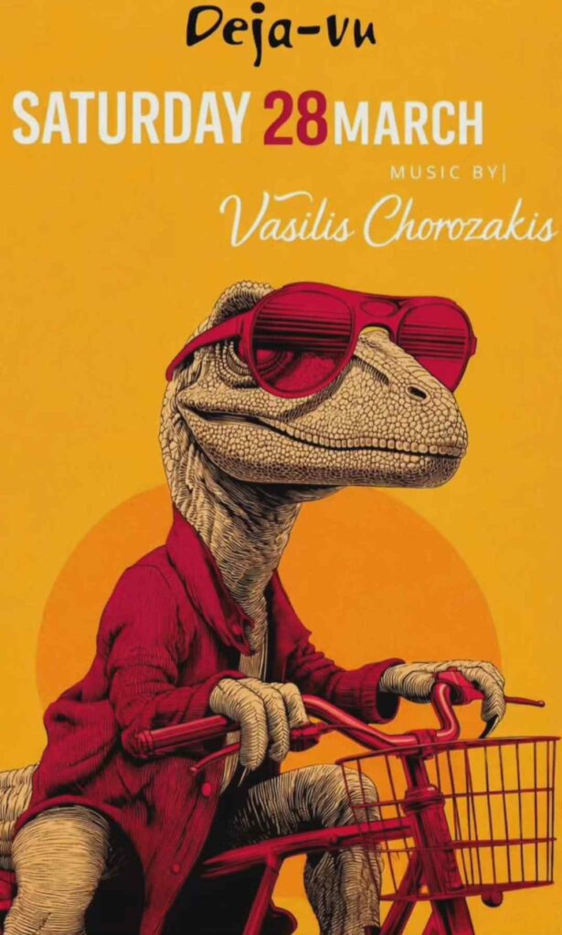 Αφίσα εκδήλωσης στο Deja-Vu στις 28 Μαρτίου 2026 με τον Dj Vasilis Chorozaki.