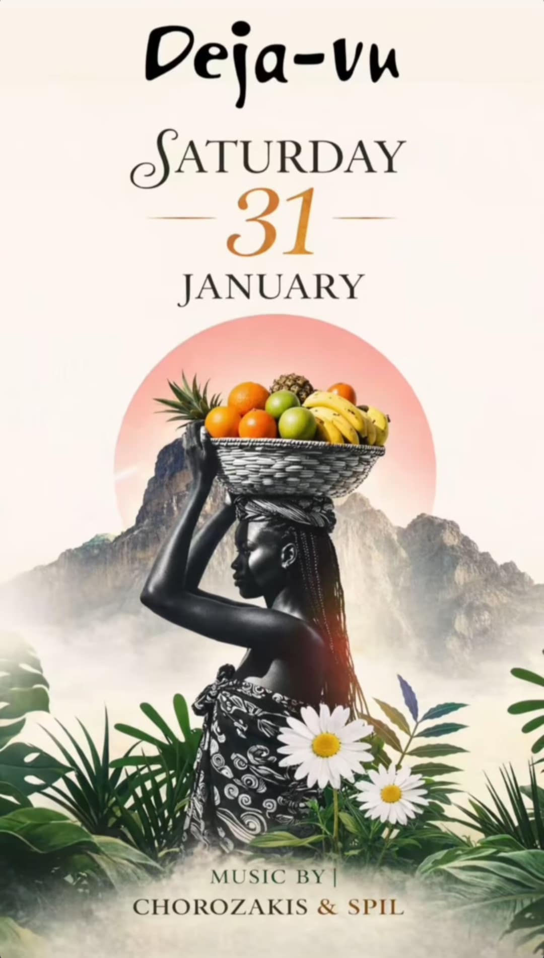 Αφίσα εκδήλωσης στο Deja-Vu στις 31 Ιανουαρίου 2026 με τους Djs Chorozaki & Spil στις 21:00.