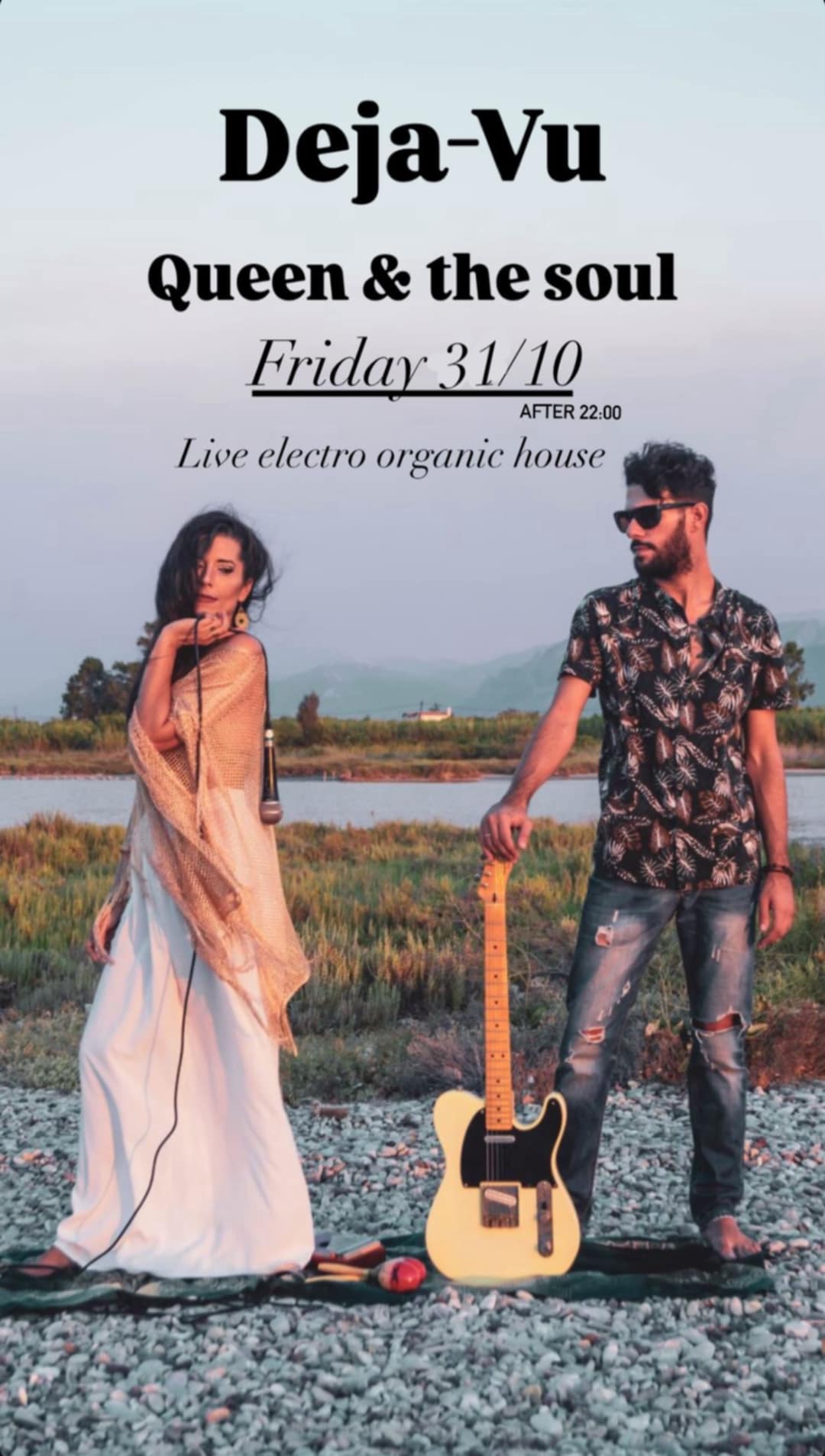 Αφίσα εκδήλωσης στο Deja-Vu στις 31 Οκτώβρη με το συγκρότημα Queen & the Soul από τις 22:00.