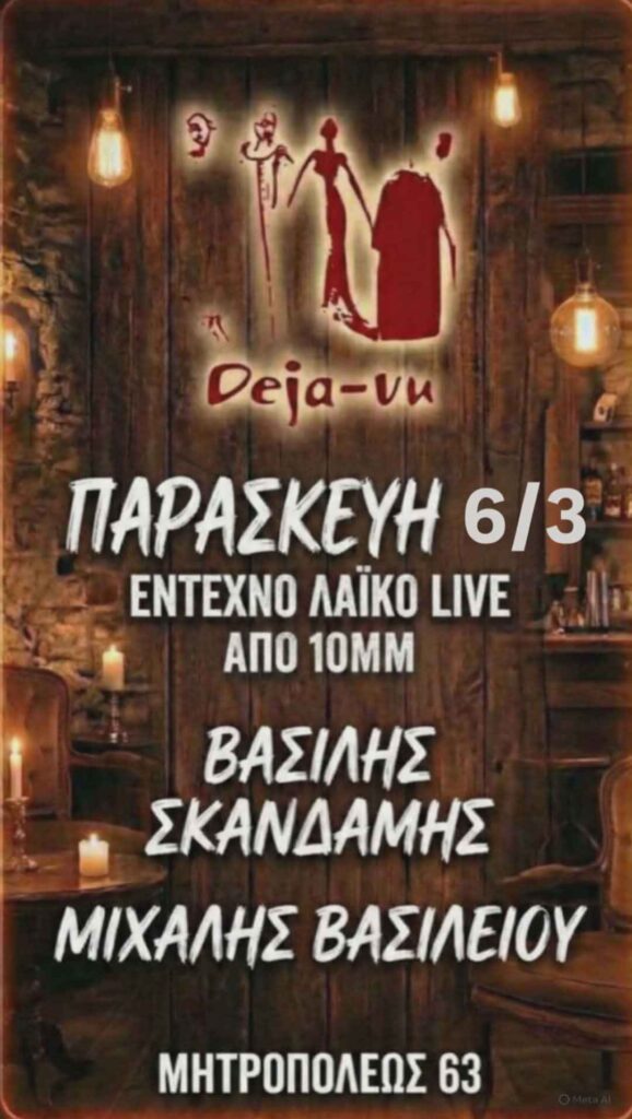 Αφίσα εκδήλωσης στο Deja-Vu με Live Έντεχνη - Λαϊκή βραδιά στις 6 Μαρτίου 2026.