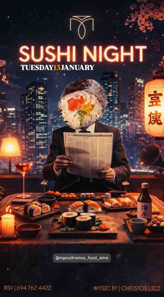 Αφίσα εκδήλωσης στο Μονόδρομο με Sushi night στις 13 Ιανουαρίου με Dj τον Christos Lici.