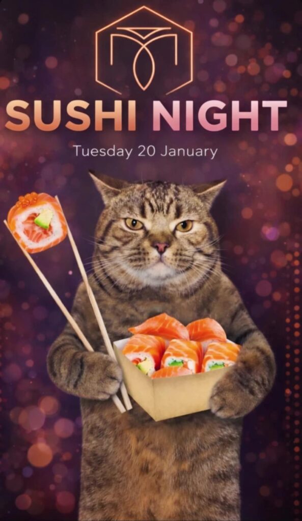 Αφίσα εκδήλωσης στο Μονόδρομο με Sushi night στις 20 Ιανουαρίου.