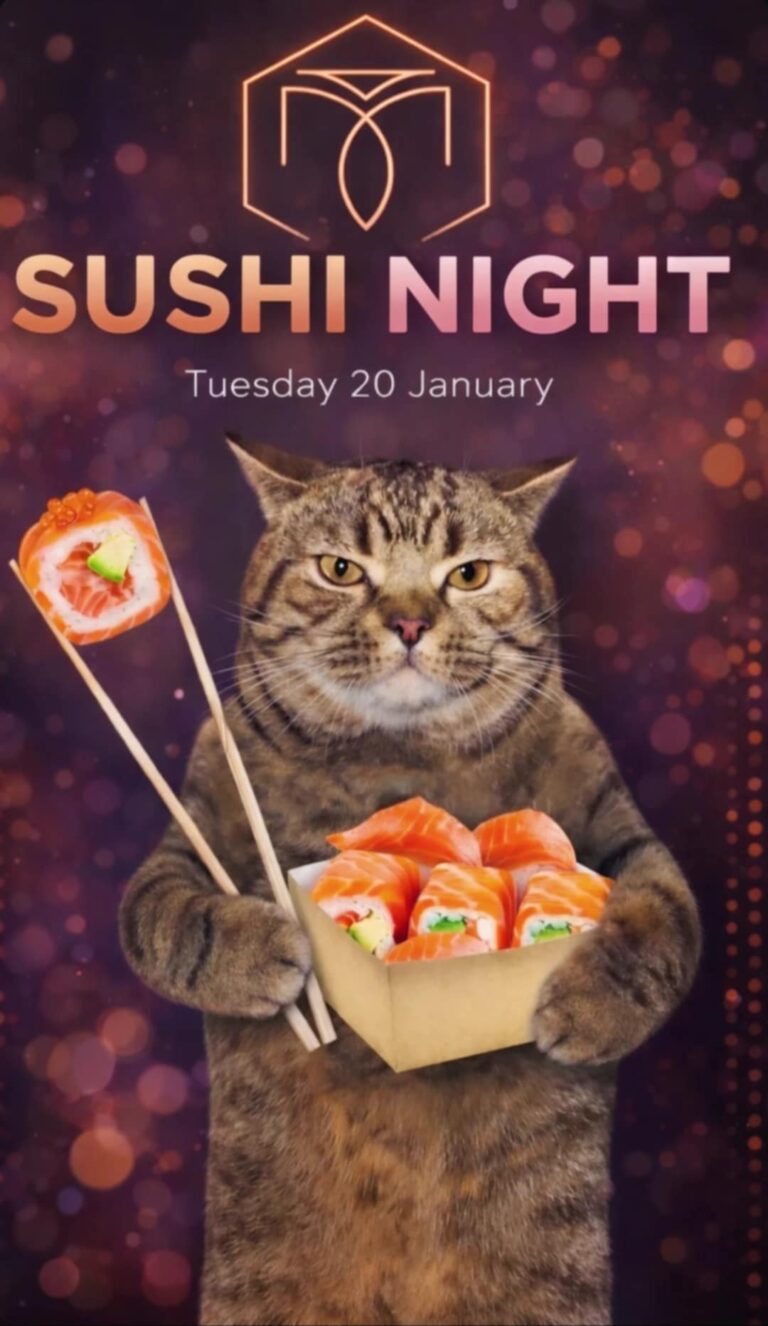 Αφίσα εκδήλωσης στο Μονόδρομο με Sushi night στις 20 Ιανουαρίου.