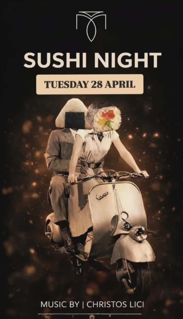 Αφίσα εκδήλωσης στο Μονόδρομο με Sushi night στις 28 Απριλίου 2026 και με Dj τον Christo Lici.