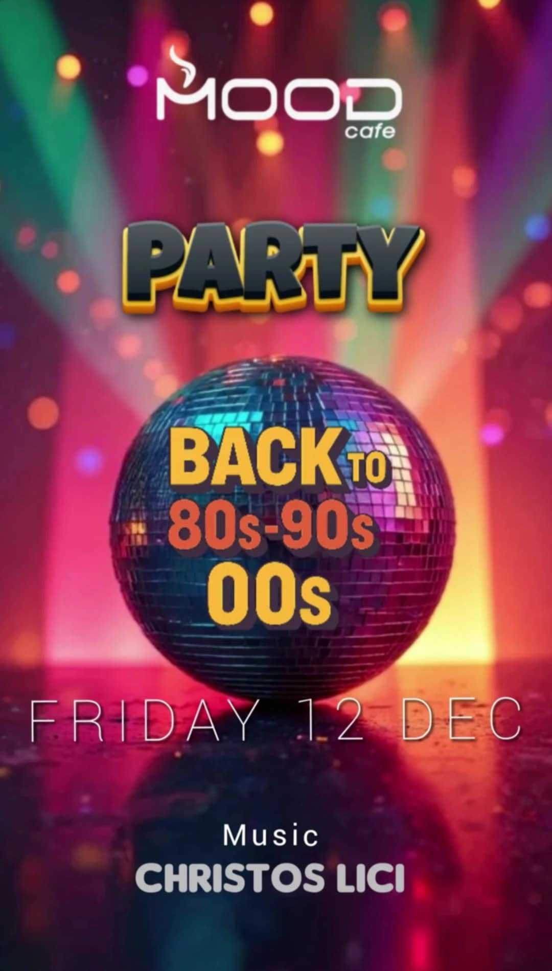 Αφίσα εκδήλωσης για το Mood με Dj τον Christo Lici την Παρασκευή 12 Δεκεμβρίου 2025 με αφιέρωμα στα 80s, 90s και 00s.