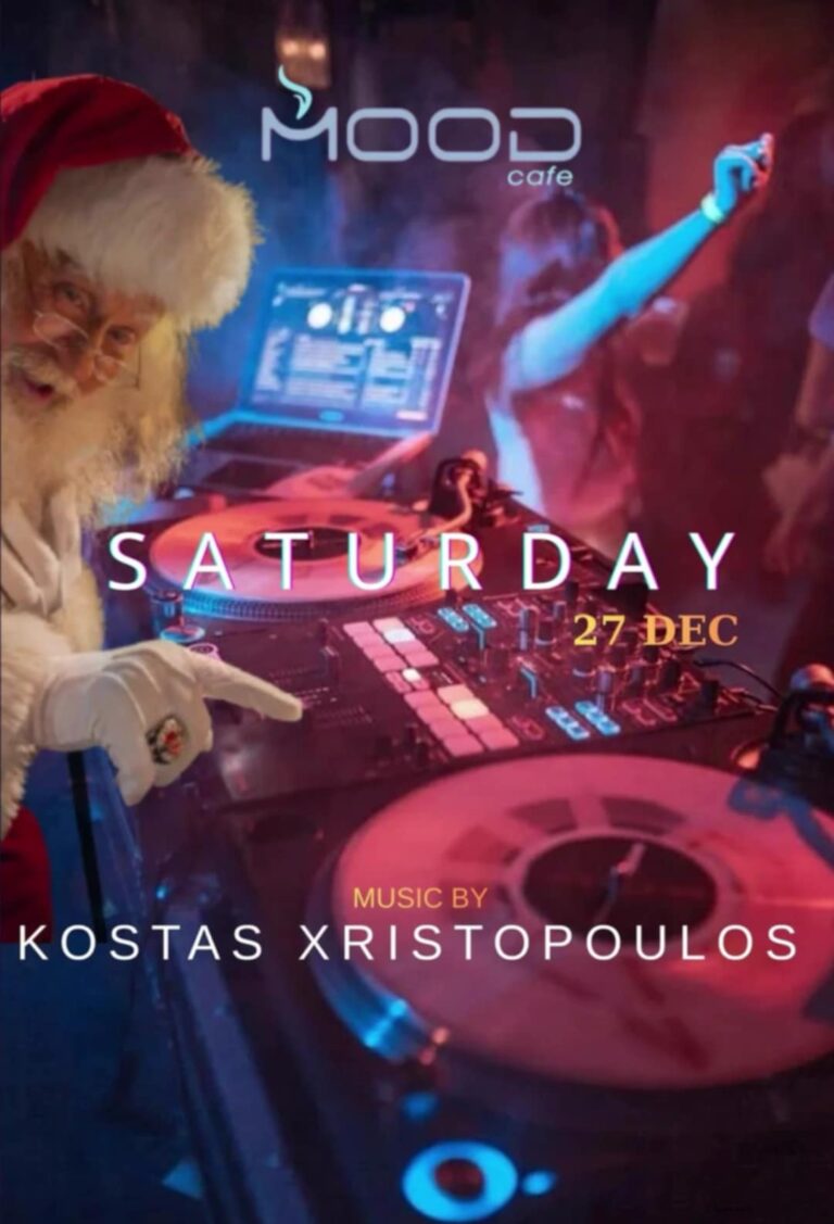Αφίσα εκδήλωσης για το Mood στις 27 Δεκεμβρίου 2025 με Dj τον Kosta Xristopoulo.