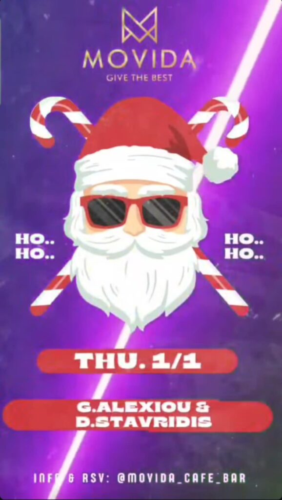 Αφίσα εκδήλωσης στο Movida στη 1 Ιανουαρίου 2026 με τους Djs D. Stavridi & G. Alexiou.